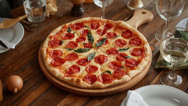 Sitting rustic pepperoni pizza on wooden board bubbling cheese fresh basil at dinner table