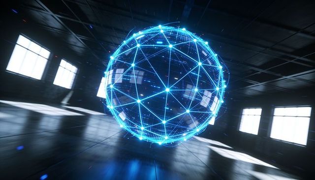 Rotating luminous geodesic sphere hovering in industrial warehouse with holographic glow