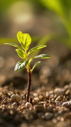Vertical macro video of seedling emerging and unfurling leaves under warm golden sunlight on pebbles