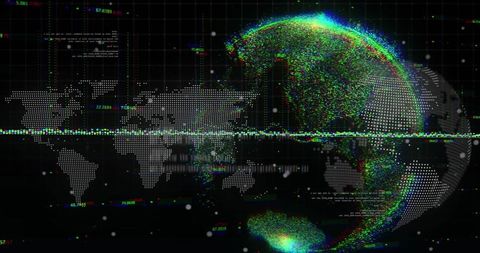 Digital globe with data processing and global map interface