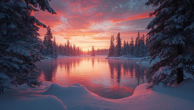 Idyllic Snowy Sunset Reflection Over Calm Forest Lake