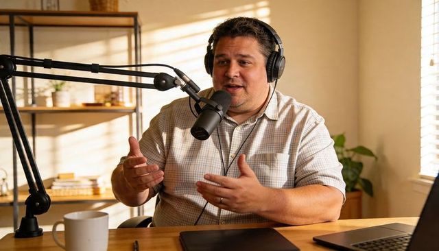 Middle-aged man podcasting from sunlit home studio with boom microphone and headphones