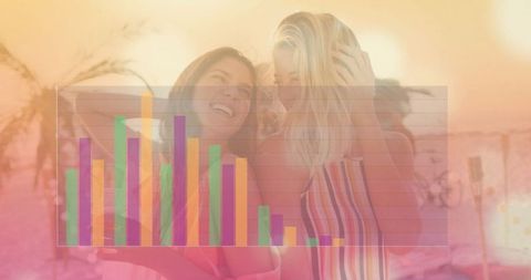 Cheerful Women Enjoying Beach Bar Sunset with Vibrant Bar Chart Overlay