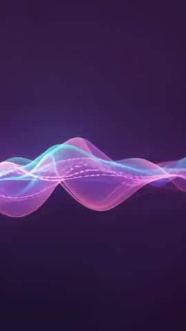 Looping neon ribbon waveform flowing over violet gradient for vertical mobile motion backgrounds