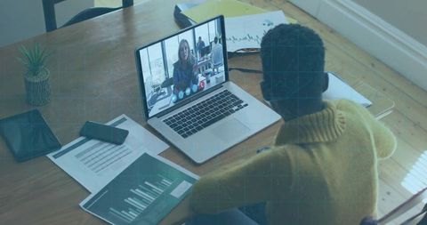 Remote professional collaborating on virtual meeting with charts