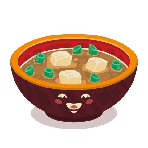 Cartoon bowl of kawaii miso soup with cheerful face transparent background