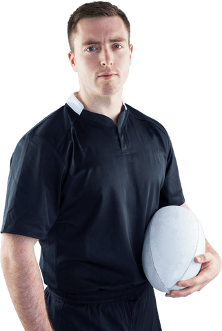 Transparent portrait of confident rugby player holding rugby ball