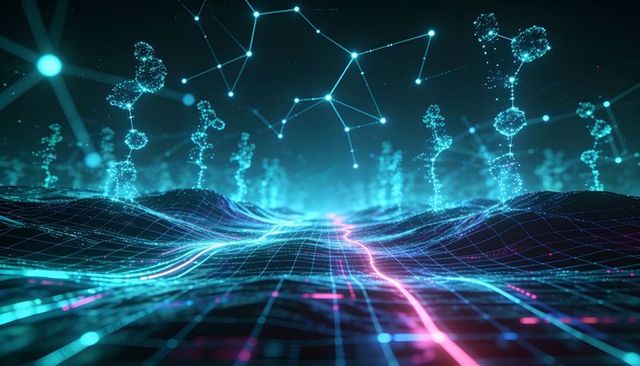 Neon wireframe datascape flowing toward horizon with magenta path and luminous nodes