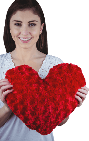 Smiling Woman Holding Heart-shaped Pillow on Transparent Background