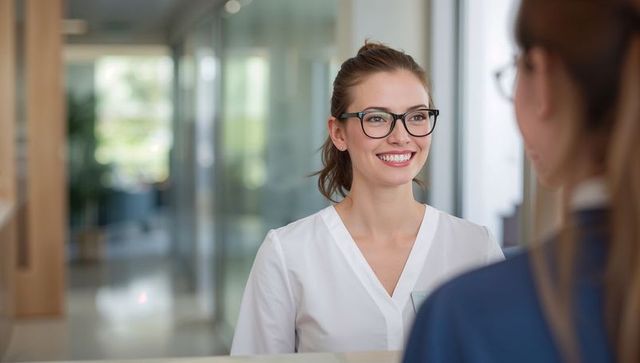 Smiling receptionist welcoming visitor at glass front desk with friendly professional energy