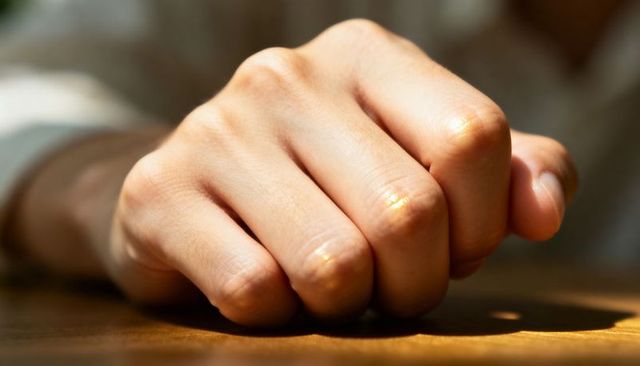 Resting clenched fist on wooden table showing knuckles and skin texture in warm light