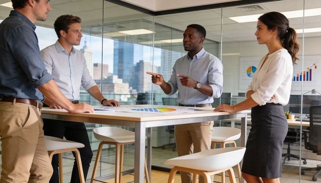 Diverse team discussing strategy around high table with charts in modern glass office