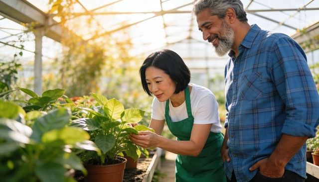 Sunlit greenhouse workers inspecting potted houseplants for nursery care and plant health