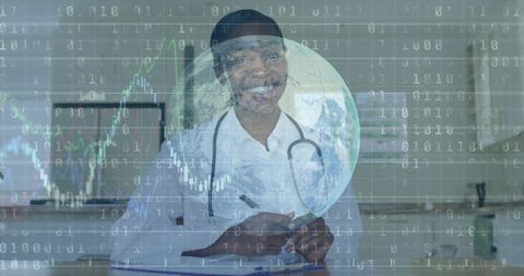 Smiling physician analyzing global health data overlay with stethoscope and charts