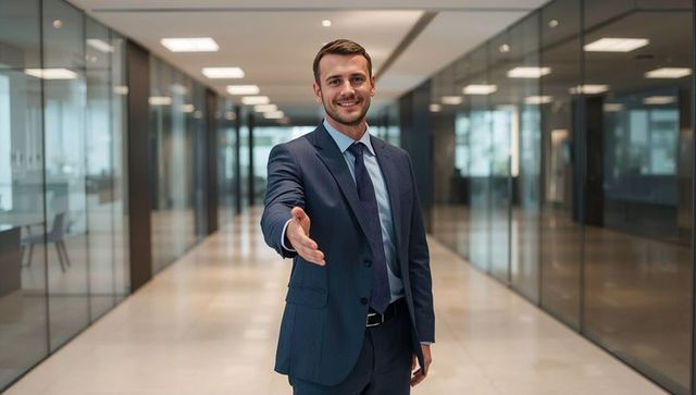 Confident businessman offering handshake in glass-walled corporate corridor