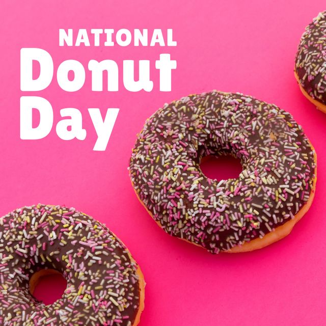 National Donut Day Celebration with Chocolate Sprinkled Donuts on Pink - Download Free Stock Templates Pikwizard.com