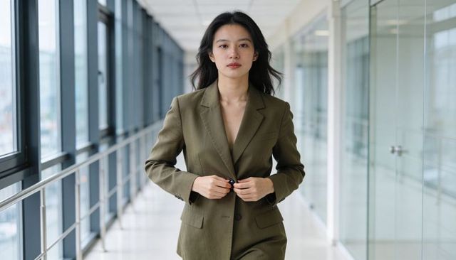 Confident asian businesswoman walking through office corridor fastening olive suit jacket