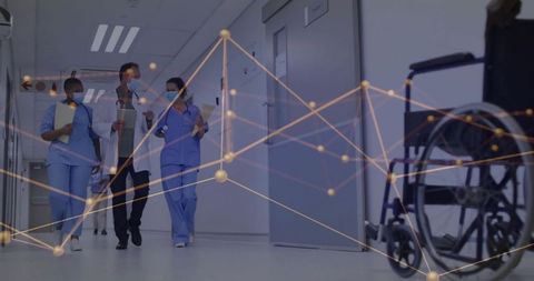 Medical team walking hospital corridor wearing masks and scrubs with data network overlay