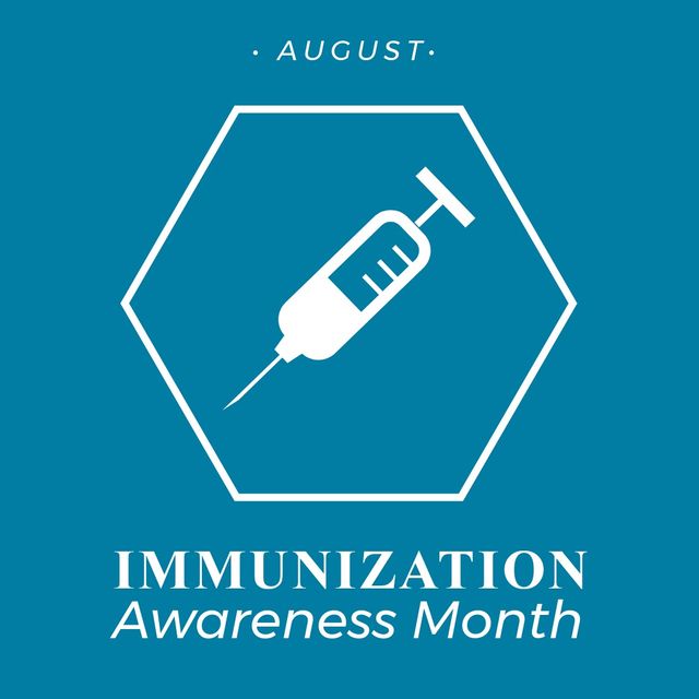 Illustration of syringe and august with immunization awareness month text on blue background. copy space, vector, vaccination, immune system, healthcare, awareness and prevention concept.