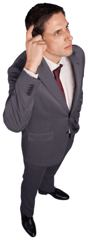 Businessman Scratching Head in Gray Suit on Transparent Background