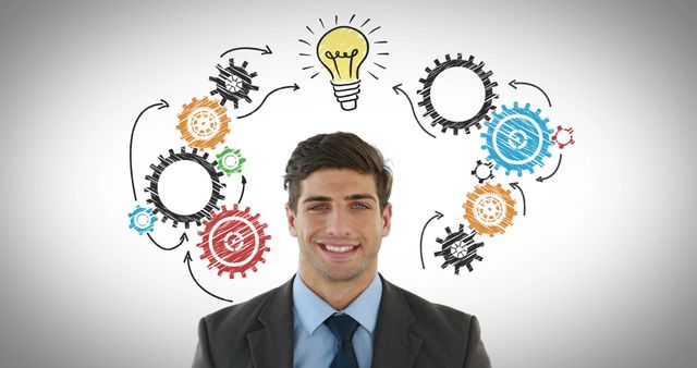 Confident Businessman with Light Bulb and Gears Idea Concept - Download Free Stock Images Pikwizard.com