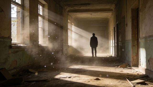 Standing silhouetted man in derelict corridor with sunbeams and dust motes, moody light