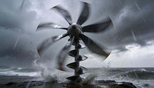 Spinning rotor and helical auger whipping on stormy rocky coast, waves spraying ocean