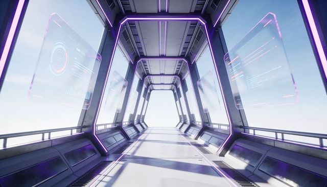Futuristic Space Station Corridor With Neon Holographic Panels Leading Toward White Light