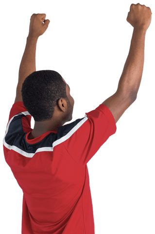 Transparent celebration man cheering in red jersey with arms raised