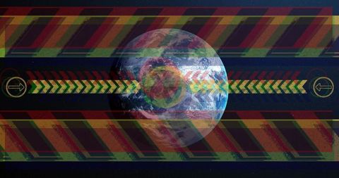 Retrofuturistic earth with chevron arrow band, glitch target overlay, distressed stripes