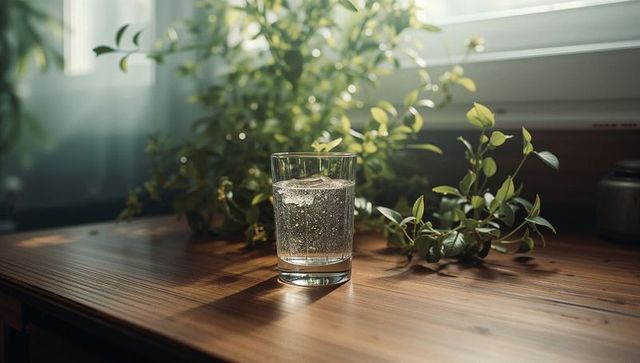Sparkling water on wooden table with greenery in minimalist interior