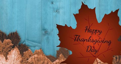 Happy Thanksgiving Leaf on Teal Wooden Background