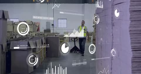 Warehouse Worker Pulling Pallet Jack with Digital Data Overlay