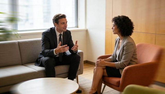 Business leaders conducting focused one-on-one discussion in modern office lounge
