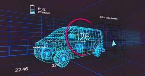 Futuristic suv wireframe with digital dashboard and battery readouts