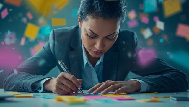 Businesswoman Writing Amid Floating Neon Sticky Notes for Creative Boost