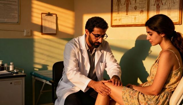 Physician examining young woman's knee in clinic with warm sunlight and anatomy charts