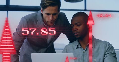 Diverse Team Collaborating on Financial Data with Digital Interface Overlay