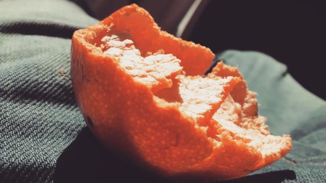 Bright and detailed depiction of a half-eaten mandarin peel under sunlight. Ideal for food blog illustrations, nutrition articles, healthy living campaigns, and educational content about fruits.