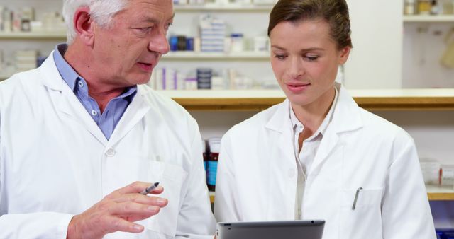Pharmacists discussing on digital tablet and clipboard in pharmacy - Download Free Stock Photos Pikwizard.com