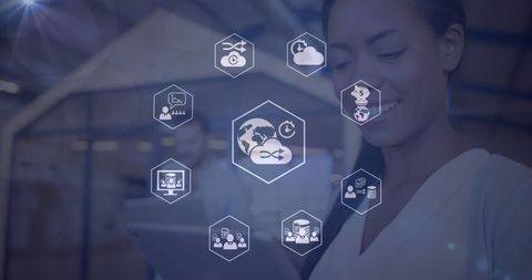 Businesswoman Using Digital Tablet with Technology Icons Overlay - Download Free Stock Images Pikwizard.com