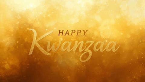 Golden happy kwanzaa greeting with shimmering script, glitter bokeh holiday background
