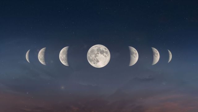 Moon phases arc across starry twilight sky showing full moon and crescent transitions