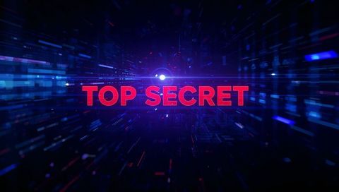 Neon Cyberpunk TOP SECRET Text in Futuristic Data Tunnel with Lens Flare and Glow