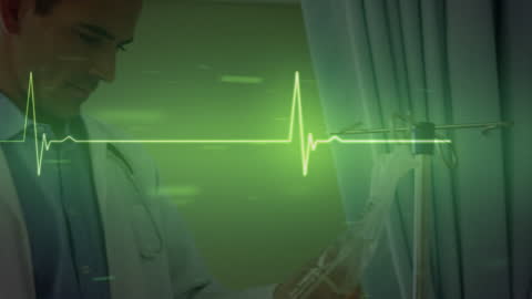 Doctor Analyzing Medical Data with Heart Monitor Overlay