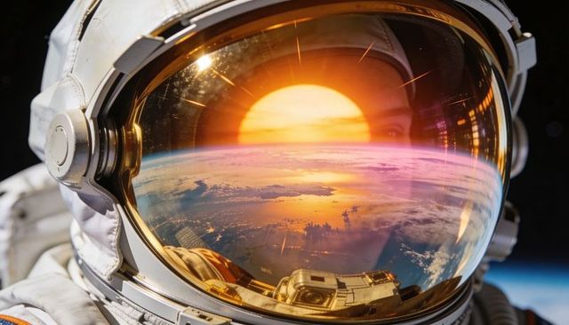 Astronaut floating over earth reflecting golden sunrise in helmet visor