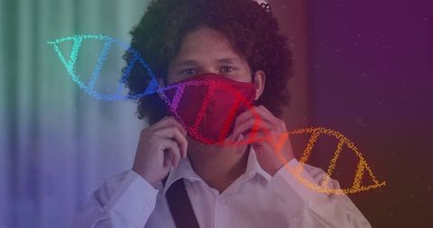 Caucasian Man Wearing Face Mask with Digital DNA Overlay