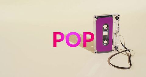 Pink pop text with retro cassette tape on beige background