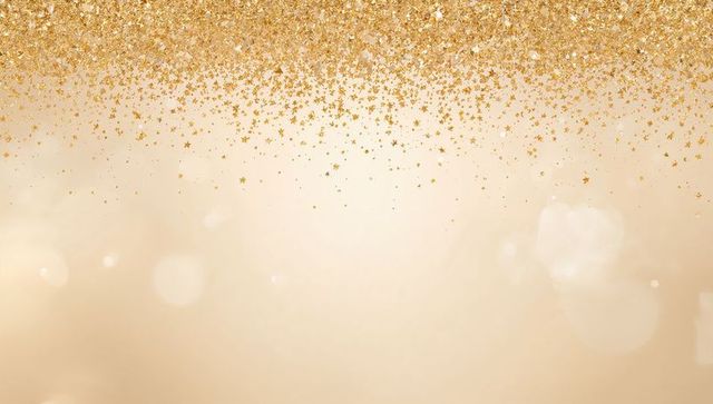 Golden star confetti falling with shimmering glitter band over soft beige bokeh backdrop