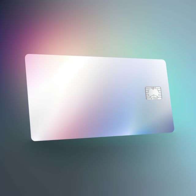 Blank white credit card with microchip on blue, copy space, created using generative ai technology. Emv chip, banking, spending, technology and finance mock up concept digitally generated image.